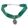 Bavarian style necklace, satin ribbon with antique silver pendant, green