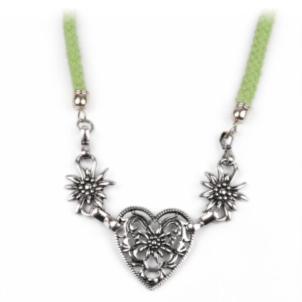 Necklace with 2x flowers, heart (light green) 01103123