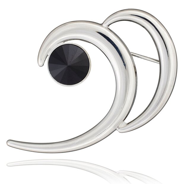 Lapel pin / brooch in a curved shape by Tillberg, with Swarovski stone, silver-plated, black