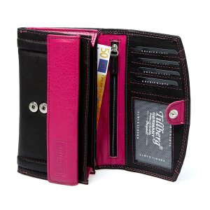 Tillberg Damen Geldb&ouml;rse Portemonnaie Portmonee aus echtem Nappaleder 10,5x17x3 cm schwarz+pink