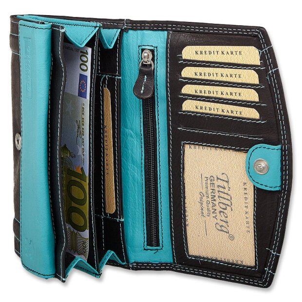 Tillberg ladies wallet made from real nappa leather 10,5x17x3 cm black+sea blue