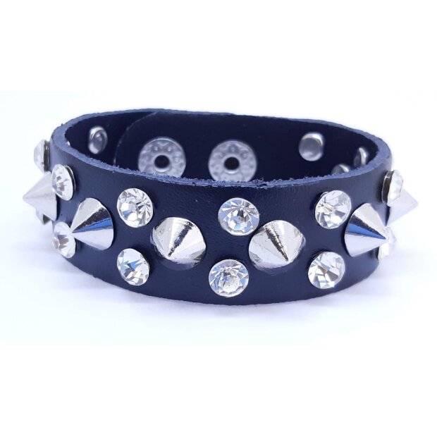 Leather bracelet with rivets and rhinestones