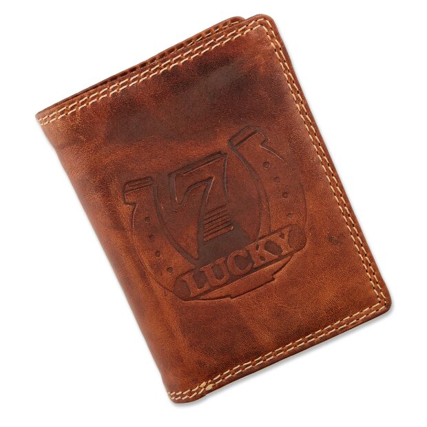 High quality robust wallet made from real water buffalo leather, horse shoe lucky 7 motif, tan