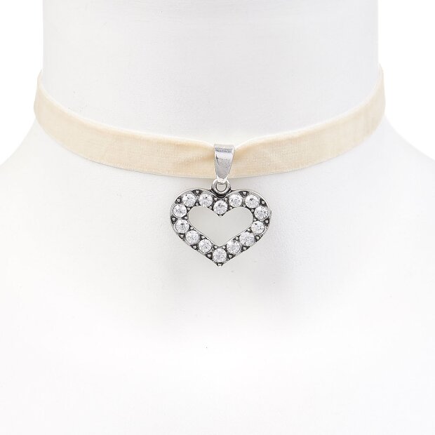 Edelweiss costume necklace, white-cream, heart with rhinestones on the elastic velvet ribbon 027-04-07