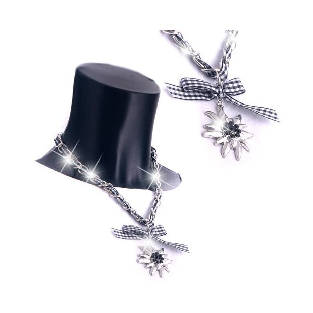 Bavarian style necklace, wuth black and white checkered ribbon and bow and edelweiss pendant with black rhinestones