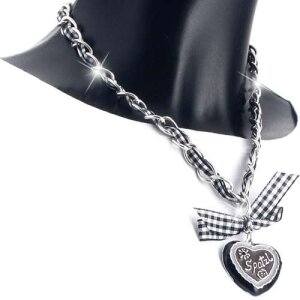 Bavarian style necklace with black/white checkered ribbon with bow and heart pendant with lettering &quot;Spatzl&quot;