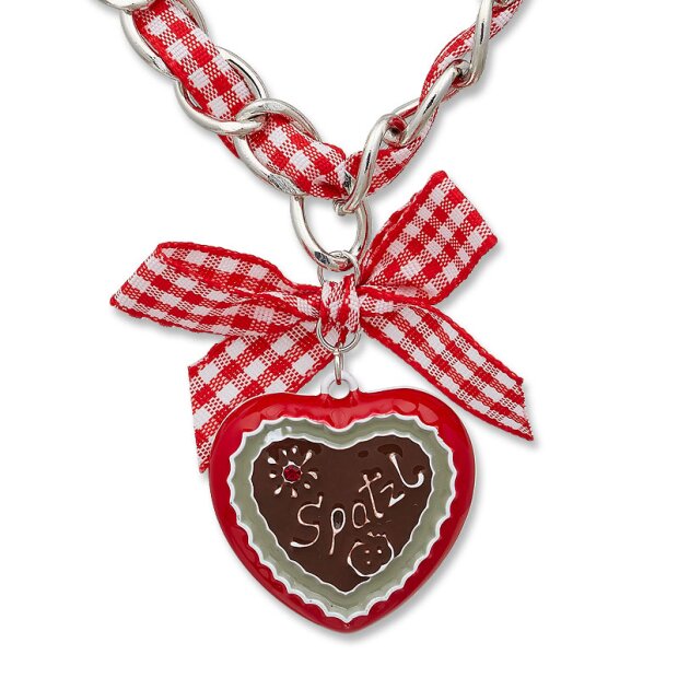 Bavarian style necklace with red/white checkered ribbon with bow and heart pendat with lettering &quot;Spatzl&quot;