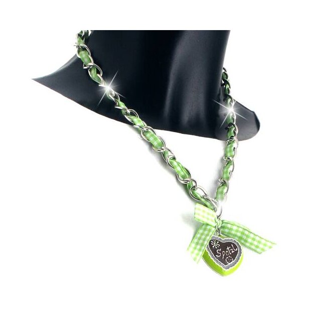 Bavarian style necklace with light green/white checkered ribbon with bow and heart pendant with lettering &quot;Spatzl&quot;