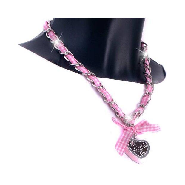 Bavarian style necklace with pink/white checkered ribbon with bow and heart pendant with lettering &quot;Spatzl&quot;