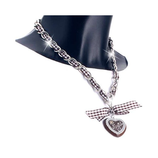 Bavarian style necklace with brown/white checkered ribbon with bow and heart pendant with lettering &quot;Spatzl&quot;