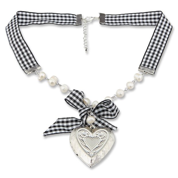 Edelweiss traditional costume necklace, black, with pearls and fabric ribbon, heart medallion to open 027-04-04
