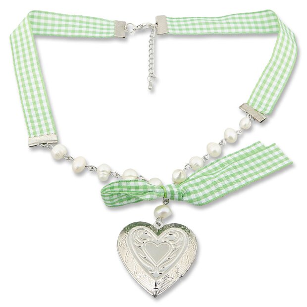 Edelweiss traditional costume necklace, green, with pearls and fabric ribbon, heart medallion to open 027-04-02