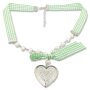 Edelweiss traditional costume necklace, green, with pearls and fabric ribbon, heart medallion to open 027-04-02