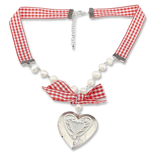 Edelweiss traditional costume necklace, red, with pearls and fabric ribbon, heart medallion to open 027-04-03
