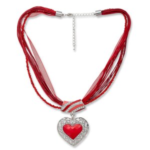 Bavarian style necklace, filigree heart pendant with rhinestones, multi band chain, red