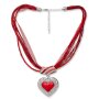 Bavarian style necklace, filigree heart pendant with rhinestones, multi band chain, red