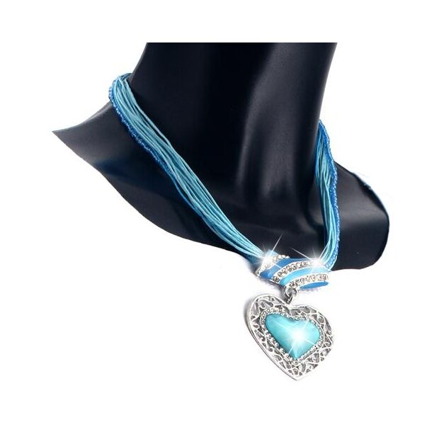 Bavarian style necklace, filigree heart pendant with rhinestones, multi band chain, blue