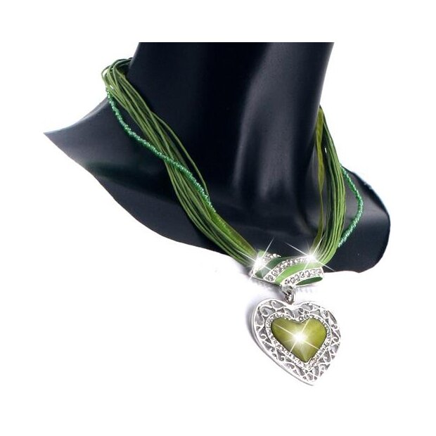 Bavarian style necklace, filigree heart pendant with rhinestones, multi band chain, green
