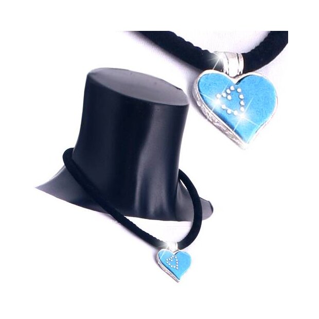 Bavarian style necklace, velvet band with heart pendant with rhinestones, light blue