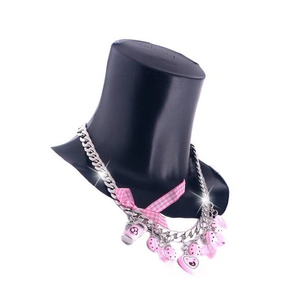 Bavarian style necklace with bow and different pendants, pink