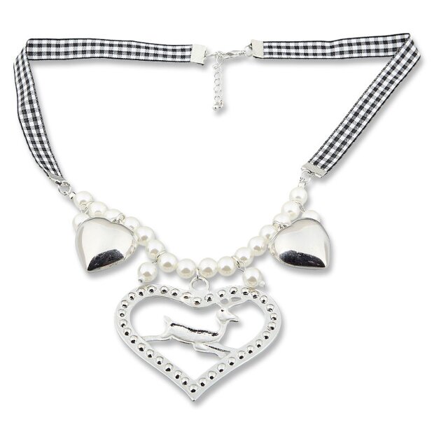 Edelweiss costume necklace, black, with pearls, heart pendant with deer and rhinestone 027-10-08