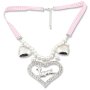 Edelweiss costume necklace, pink, with pearls, heart pendant with deer and rhinestone 027-10-13