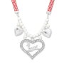Edelweiss costume necklace, red, with pearls, heart pendant with deer and rhinestone 027-10-09