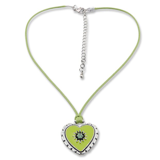 Edelweiss traditional costume necklace, green apple, heart pendant, leather look 027-10-05