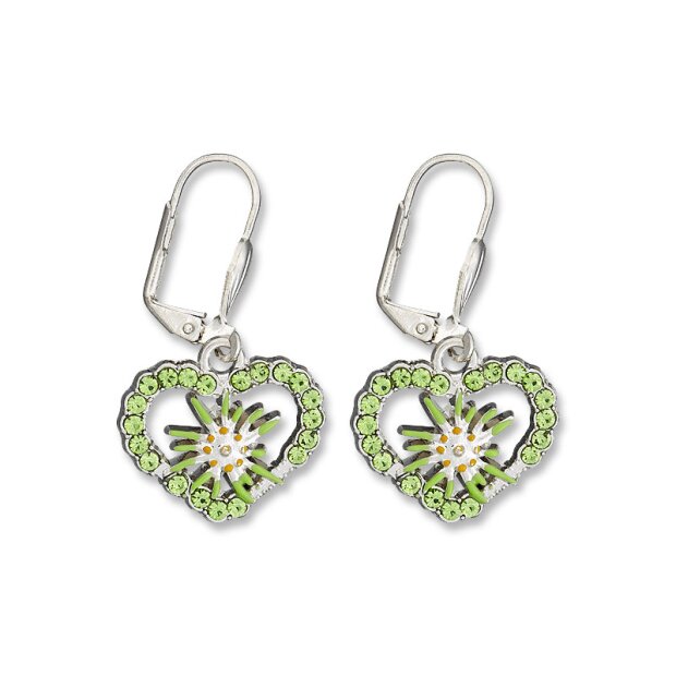 Edelweiss traditional earrings, apple green, heart with rhinestones and flower 085-02-42