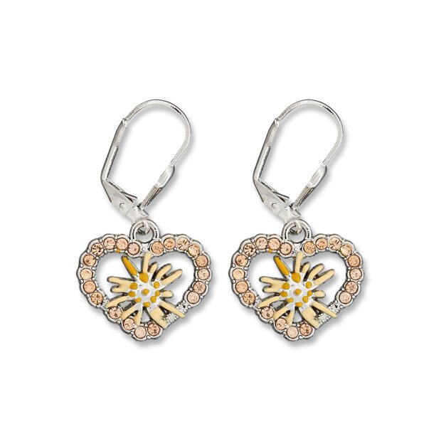 Edelweiss traditional earrings, light peach, heart with rhinestones and flower 085-02-41