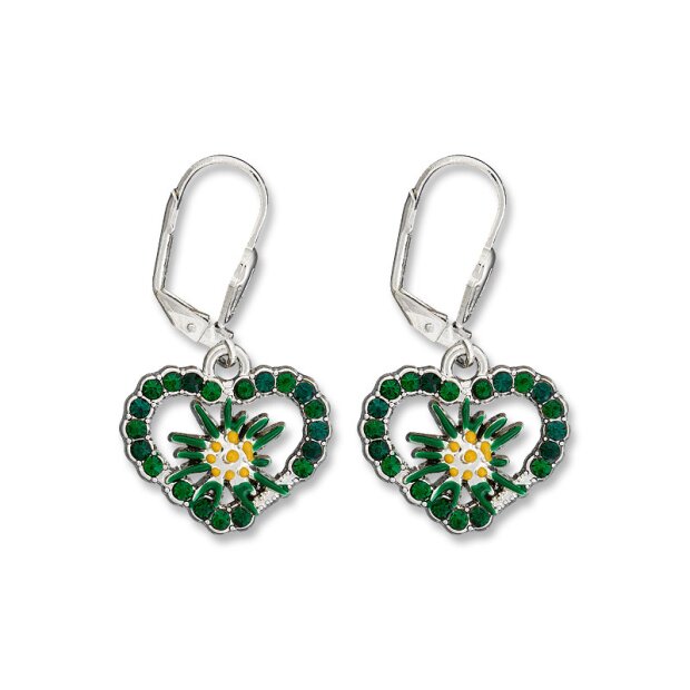 Edelweiss costume earrings, emerald green, heart with rhinestones and flower
