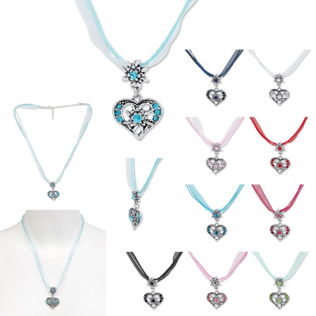Tillberg Edelweiss Trachten chain necklace heart pendant with rhinestones 43 cm