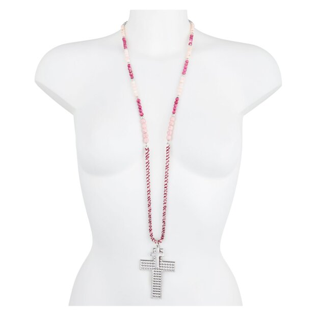 Necklace with pearls Fuchsia / light pink 2 cross pendants, rhinestones, adjustable clasp, length 96cm