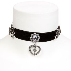 Edelweiss traditional costume necklace made of velvet ribbon with heart pendant, Edelweiss, flower, black 027-09-03