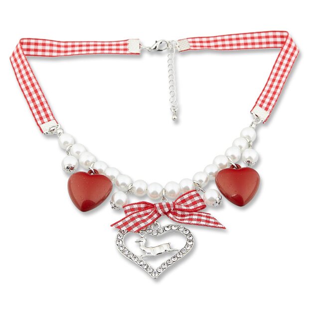 Edelweiss traditional costume necklace, with pearls and fabric ribbon, red, heart pendant with deer and strait 027-11-10