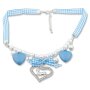 Edelweiss traditional costume necklace, with pearls and fabric ribbon, blue, heart pendant with deer and strait 027-11-06