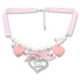 Edelweiss traditional costume chain, with pearls and fabric ribbon, pink, heart pendant with deer and strait 027-11-08