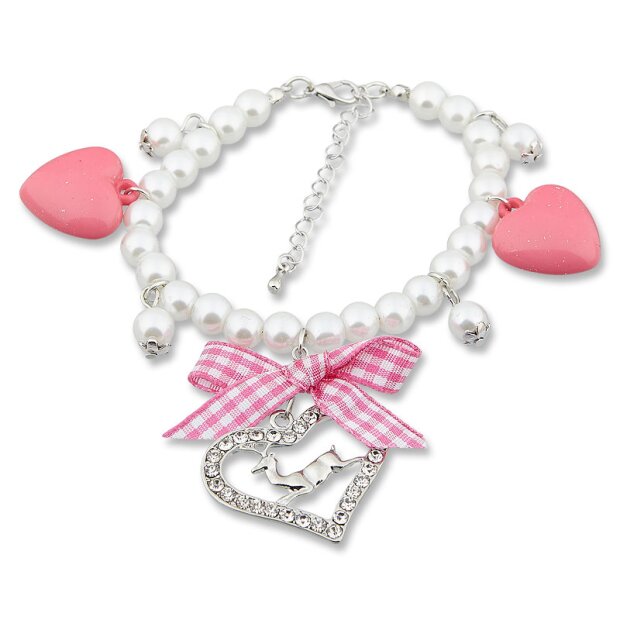 Edelweiss traditional costume bracelet, pink, heart pendant with rhinestones and deer 085-04-05