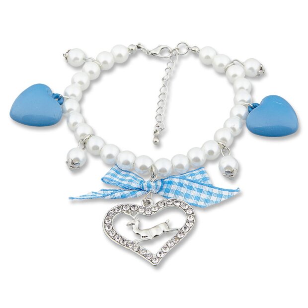 Edelweiss costume bracelet, blue, heart pendant with rhinestones and deer 085-04-04