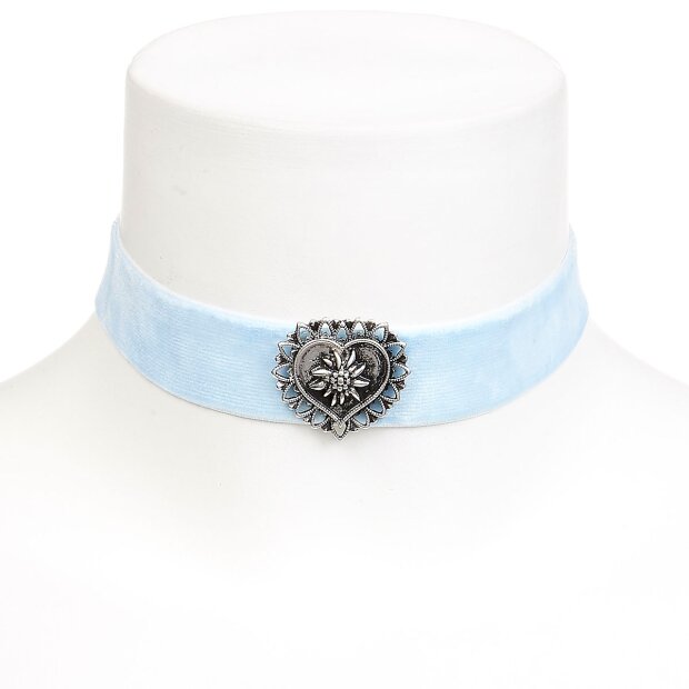 Edelweiss costume necklace, light blue, with heart on elastic velvet ribbon 027-03-12