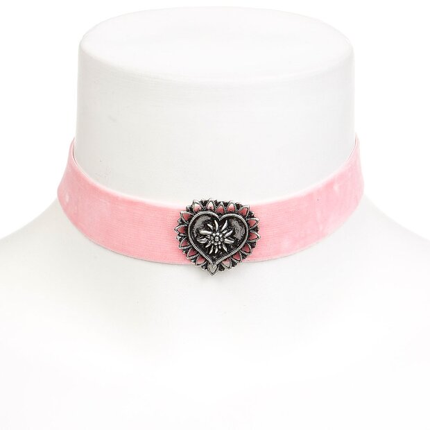 Edelweiss traditional costume chain, pink, with heart on elastic velvet ribbon 027-03-13