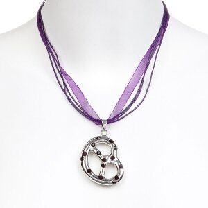 Bavarian style necklace with pretzel pendant with rhinestones, lilac