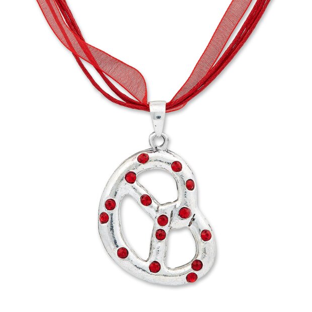 Bavarian style necklace with pretzel pendant with rhinestones, red