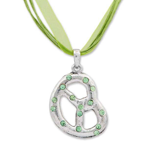 Bavarian style necklace with pretzel pendant with rhinestones, apple green