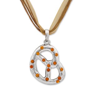 Bavarian style necklace with pretzel pendant with rhinestones, brown