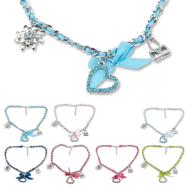 Bavarian style necklace with bow and three different pendants (heart, edelweiss and handbag) with rhinestones