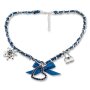 Bavarian style necklace with bow and three different pendant (heart, edelweiss and handbag) with rhinestones, dark blue