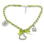 Bavarian style necklace with bow and three different pendants (heart, edelweiss and handbag) with rhinestones, light green