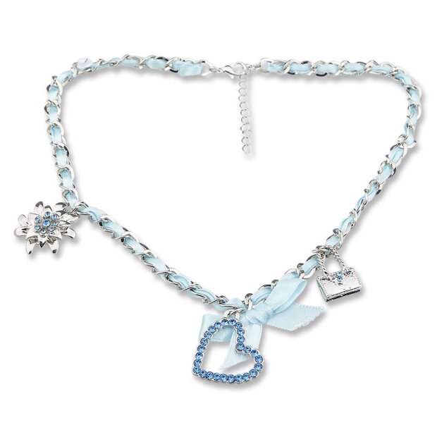 Bavarian style necklace with bow and three different pendants (heart, edelweiss and handbag) with rhinestones, light blue