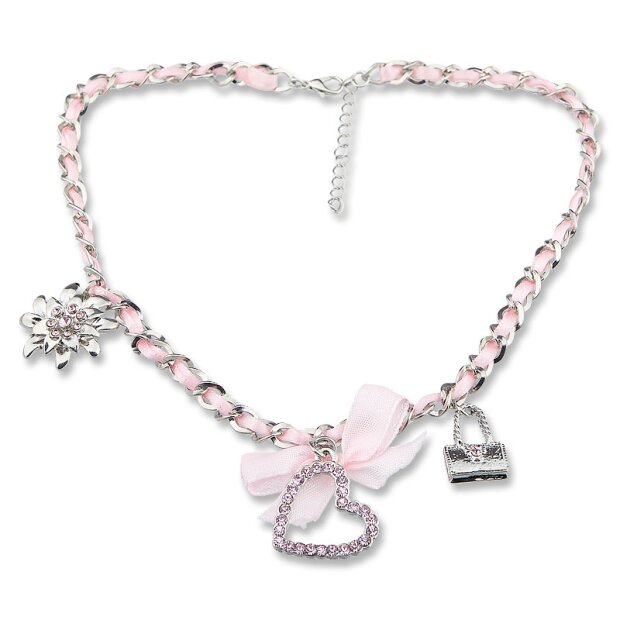 Bavarian style necklace with bow and three different pendants (heart, edelweiss and handbag) with rhinestones, white